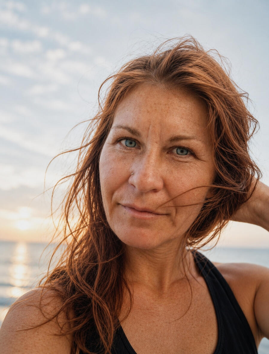 Anya Alexandra — Alignment Coach Photo of woman (Alignment Coach Anya Alexandra) at the beach with natural lighting holding her hair back in the wind.
